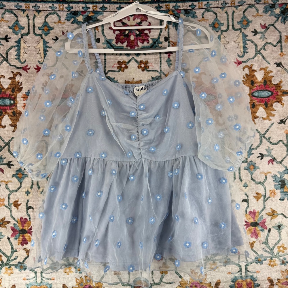 Arula Blue Floral Embroidered Mesh Babydoll Top Puff Sleeve Smocked Back